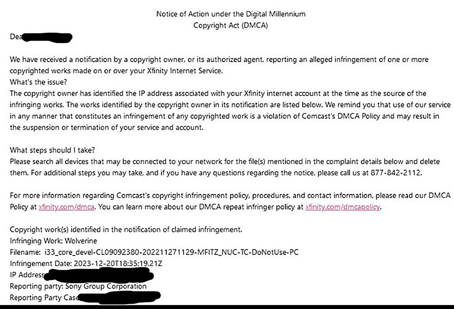 Avviso DMCA inviato da Xfinity agli utenti coinvolti