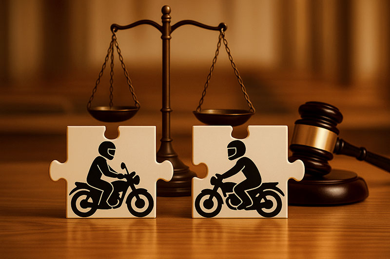 Due tessere di puzzle beige raffiguranti silhouette nere di motociclisti in sella alle loro moto sono posizionate su un tavolo di legno in un'aula di tribunale. Sullo sfondo, fuori fuoco, si vedono una bilancia della giustizia e un martello da giudice, che conferiscono un’atmosfera legale e solenne alla scena.