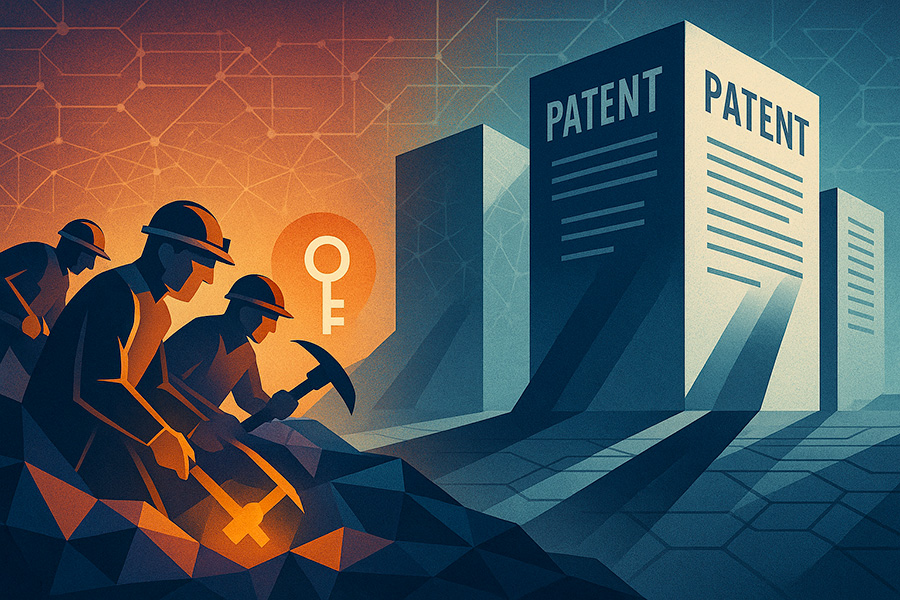 Illustrazione concettuale di minatori digitali che estraggono criptovaluta, contrapposti a strutture imponenti che simboleggiano i brevetti, rappresentando il conflitto tra innovazione open source e proprietà intellettuale.