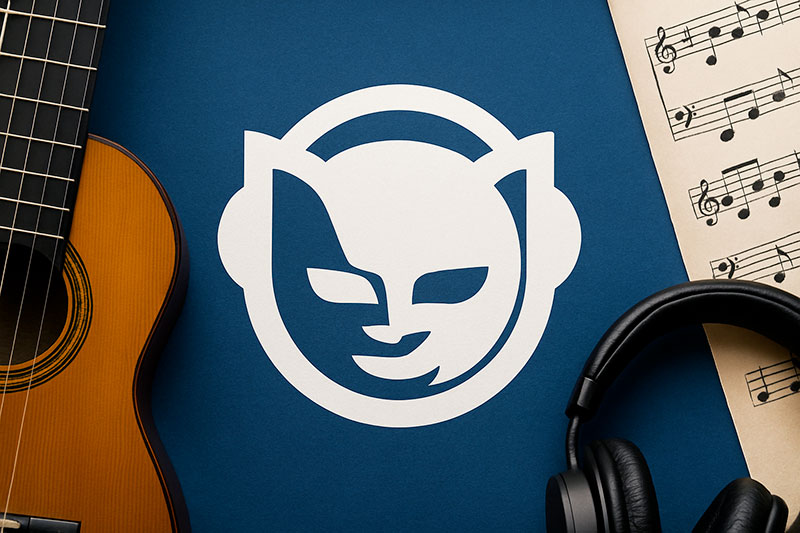 Fotografia concettuale con chitarra, spartito musicale e cuffie, a simboleggiare la musica digitale e il caso Napster tra legalità e copyright.