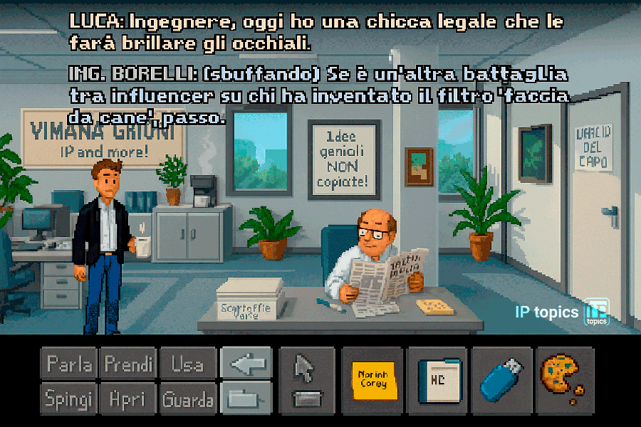 Vignetta in pixel art con personaggi che discutono di battaglie legali su copyright pop, allusione al caso Mariah Carey e i diritti sul Natale.