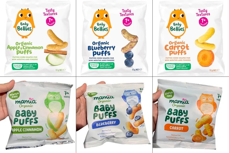 Confronto tra tre confezioni Baby Bellies e tre confezioni Mamia di Aldi per snack Puffs, con layout simili per colori, struttura e illustrazioni.