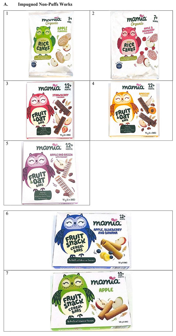 Set di sette confezioni MAMIA per snack infantili non puffs, tra cui rice cakes e barrette alla frutta, ognuna illustrata con un gufo colorato.