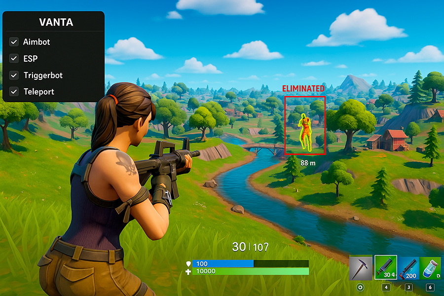 Giocatrice in Fortnite con cheat Vanta attivi visibili nell’interfaccia di gioco.
