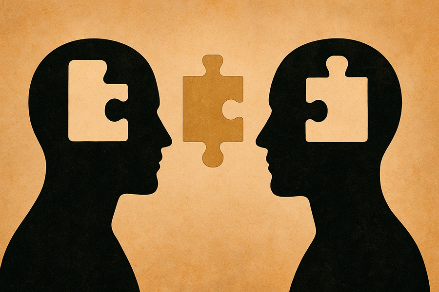 Due profili umani si fronteggiano con un tassello mancante nella testa, mentre un pezzo di puzzle fluttua tra loro suggerendo un’identità condivisa o contesa.
