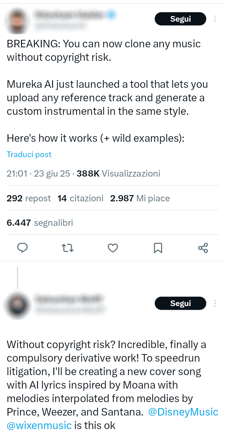 Screenshot di un post su X che annuncia il lancio di uno strumento AI chiamato Mureka AI, in grado di generare tracce musicali nello stile di brani esistenti senza rischio di copyright. Un utente risponde sarcasticamente ipotizzando la creazione di una canzone AI ispirata a Moana e interpolata con melodie di Prince, Weezer e Santana, menzionando Disney Music e Wixen Music.