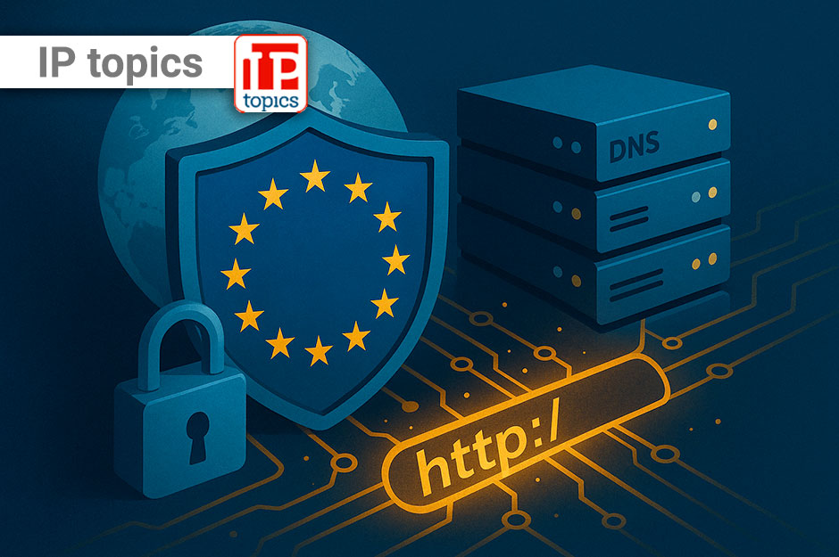 Illustrazione concettuale della sovranità digitale europea con simboli di sicurezza informatica, DNS, connessione internet e protezione dei dati, rappresentativi del progetto DNS4EU.