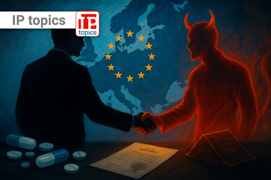 Illustrazione concettuale del patto tra industria farmaceutica e Unione Europea, con una stretta di mano simbolica tra un uomo d'affari e una figura demoniaca, sullo sfondo della mappa dell’Europa e simboli di farmaci e brevetti.