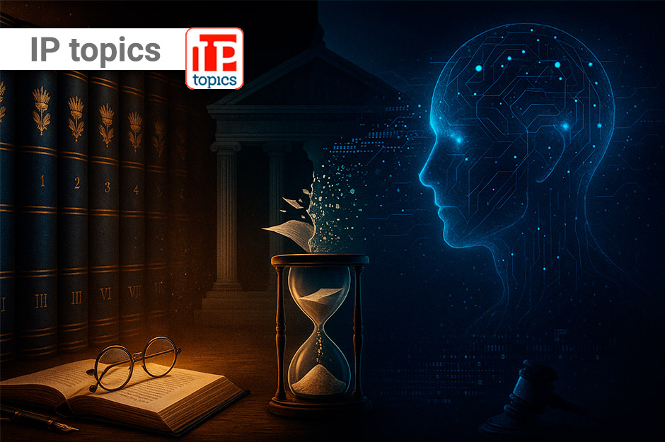 Illustrazione simbolica con volumi dell’Enciclopedia Britannica, clessidra e profilo digitale di intelligenza artificiale, a rappresentare la disputa legale e culturale tra sapere umano e sintesi algoritmica.