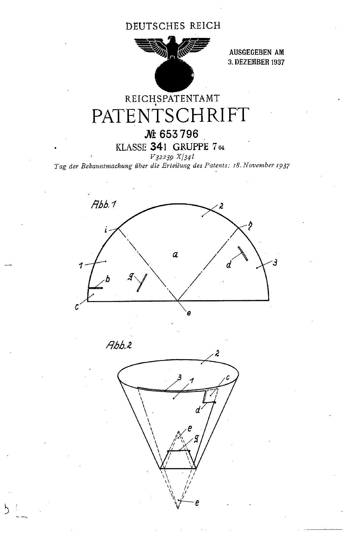 Patentschrift DE 653796A del 1937 con titolo Reichspatentamt e figure che mostrano lo sviluppo piano e il filtro conico per caffè.