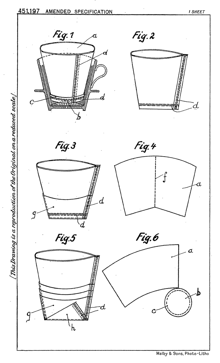 Tavola del brevetto britannico GB451197A del 1936 con sezioni e sviluppo del filtro di carta per caffè preformato, pieghe e crimpature laterali, figure 1–6.