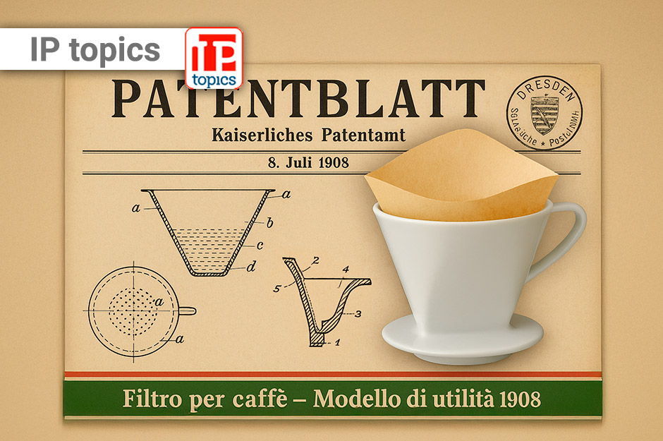 Pagina di gazzetta brevetti tedesca del 1908 con dripper, filtro di carta e schemi del modello di utilità per il caffè.