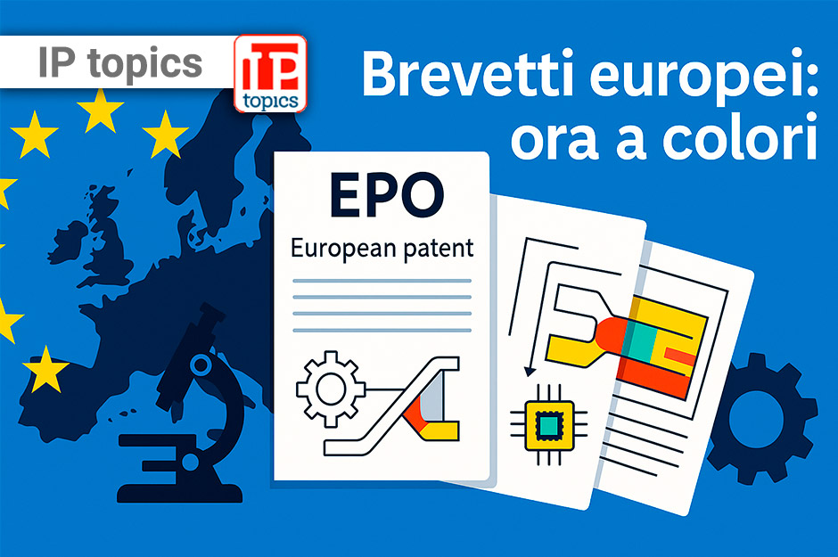 Cover con mappa d’Europa e bandiera UE, documento ‘EPO European patent’ e tavole tecniche a colori; titolo: ‘Brevetti europei: ora a colori’.