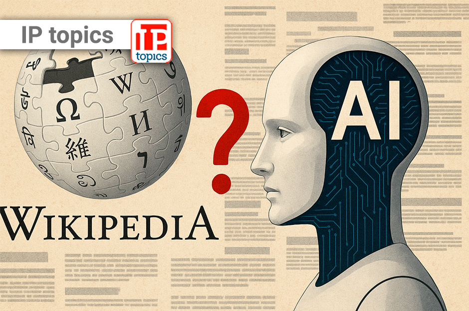 Illustrazione che mostra il logo di Wikipedia di fronte a una testa umana con circuiti e la scritta “AI”, simbolo dello scontro tra intelligenza artificiale e verità enciclopedica.