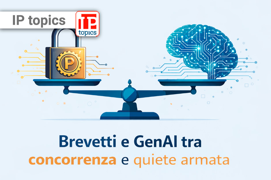 Illustrazione vettoriale che rappresenta l’equilibrio tra brevetti e intelligenza artificiale generativa, con una bilancia che contrappone un lucchetto simbolo di diritti di esclusiva e un cervello digitale, metafora della deterrenza brevettuale nella GenAI.