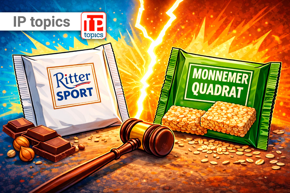 Illustrazione del confronto tra confezioni quadrate di snack che simboleggia la disputa sul marchio tridimensionale, il rischio di confusione e la tutela del marchio rinomato nel caso Ritter Sport vs Monnemer Quadrat.