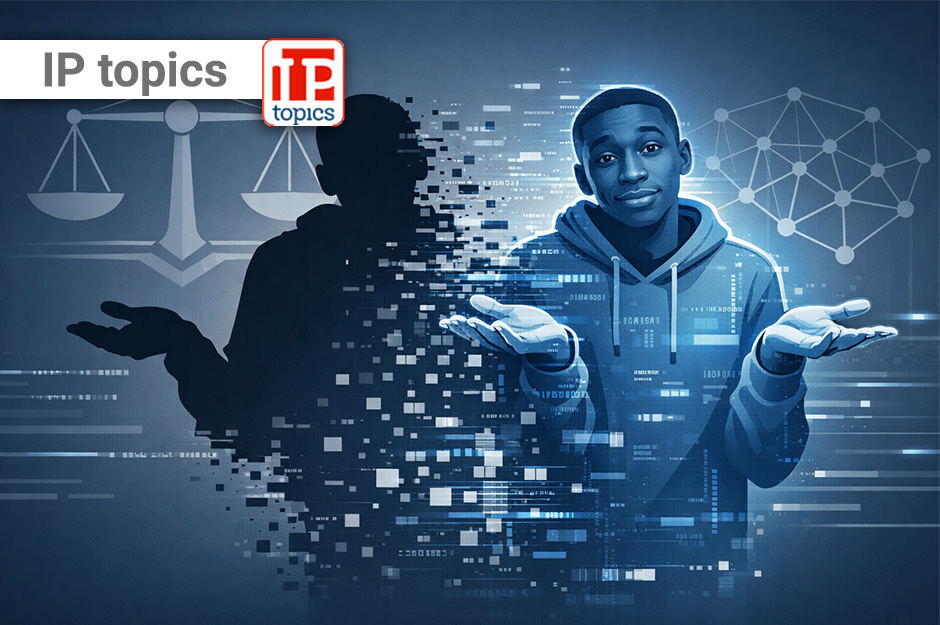 Illustrazione digitale di un giovane creator con mani aperte che si dissolve in pixel e codice, mentre sullo sfondo compaiono una bilancia della giustizia e una rete neurale, simbolo del gemello digitale AI e delle implicazioni legali.