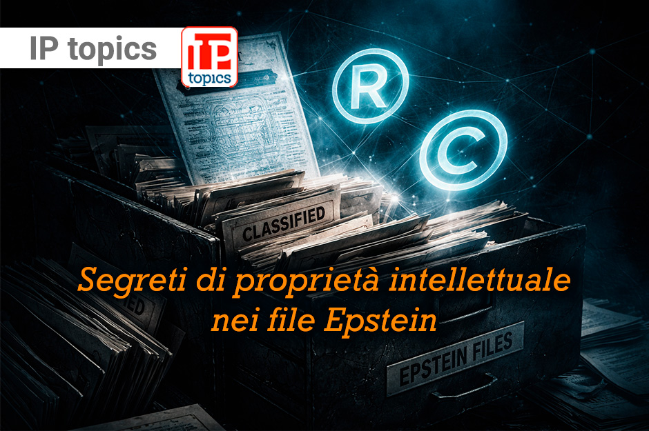 Archivio etichettato “Epstein Files” con documenti classificati e simboli di brevetto, marchio registrato e copyright, a rappresentare l’analisi della proprietà intellettuale nei file pubblici del Department of Justice.