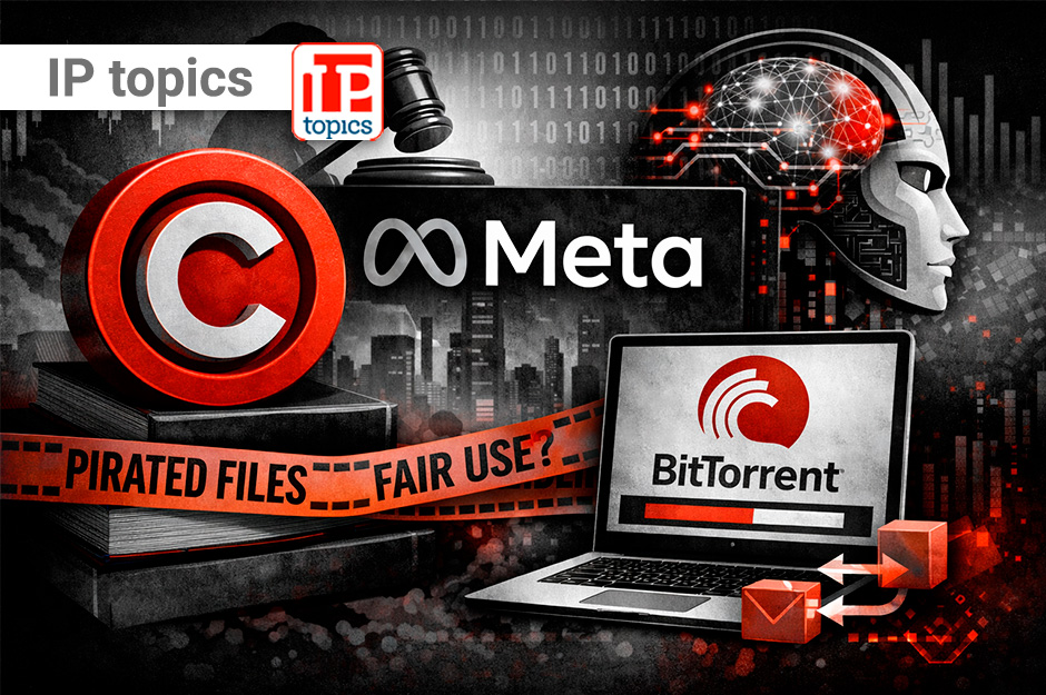 Illustrazione minimalista nei toni rosso, nero, bianco e grigio: un laptop con simbolo di copyright mostra file che si duplicano e si diffondono in rete tramite frecce, mentre sullo sfondo compaiono elementi stilizzati di AI e giustizia, a rappresentare il dibattito sul fair use e la distribuzione di contenuti nel caso Meta.